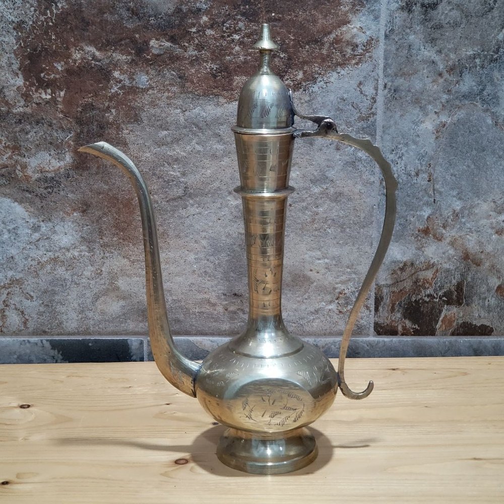 VTG Hinged Lid Etched Brass Indian Pitcher Gold Tone